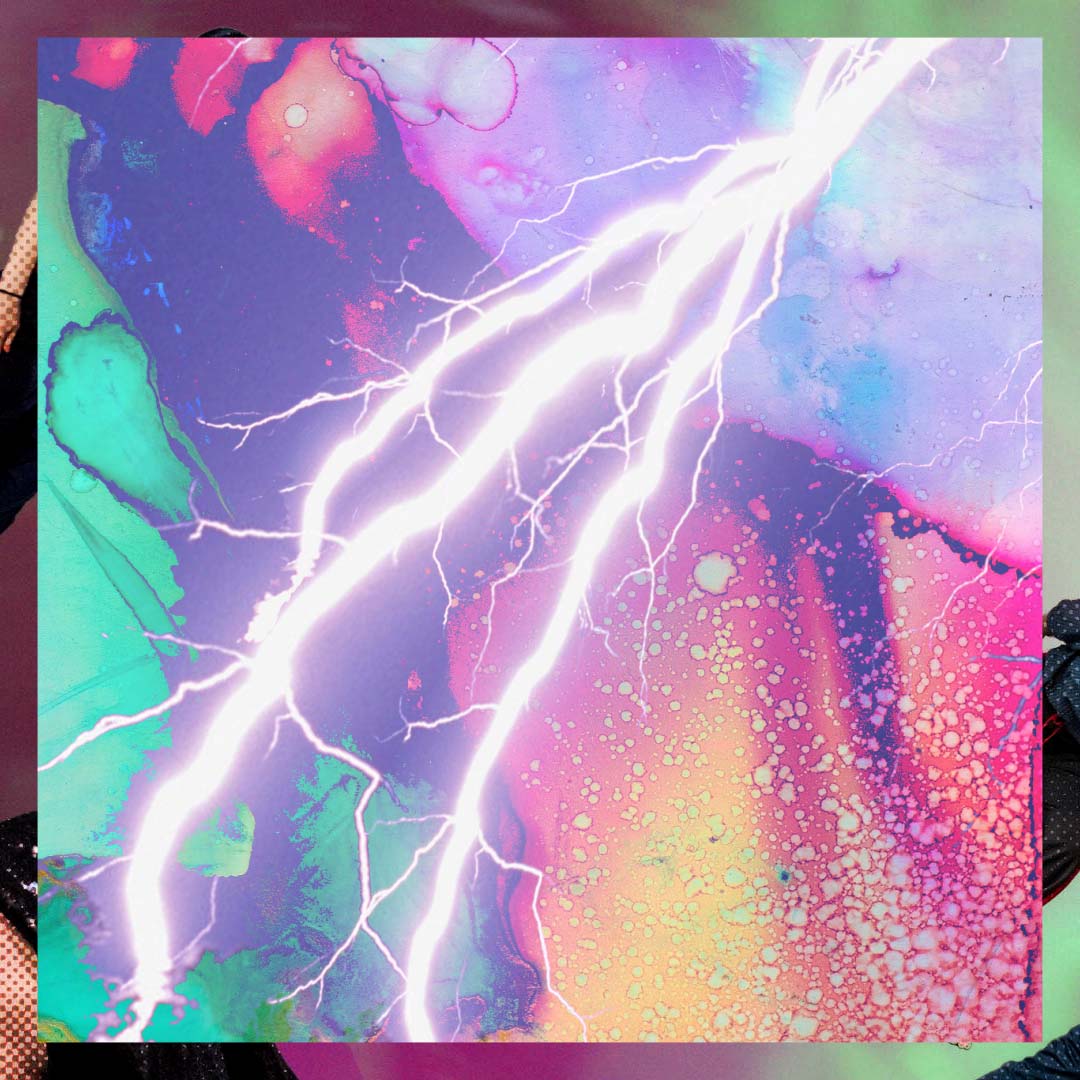 Digital image of bolts of lightning with pink and purple abstract background.