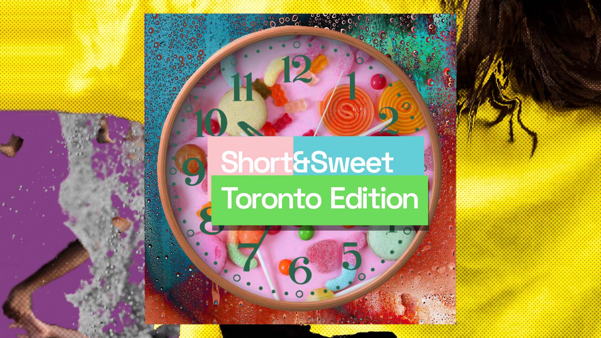 Digital image of an analog clock with various candies as a background.