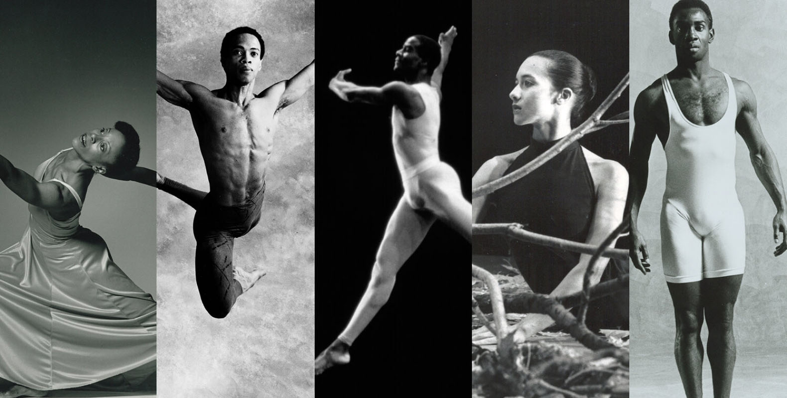 Multiple black and white photos of dancers performing from the past