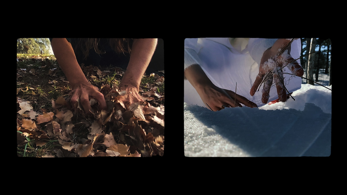 Two film stills are side-by-side within black frames. The left film still features two hands rummaging through brown leaves on grass. The right film still features two hands touching snow and twigs on the ground.