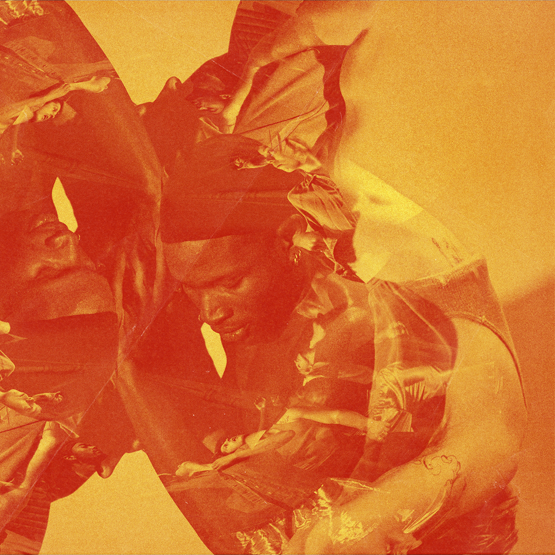An orange and red collage-style graphic that shows 1 image twice, flipped opposite from one another. It's shows a dancer carrying another dancer over his shoulder while there are numerous warped images of several dancers across their bodies.