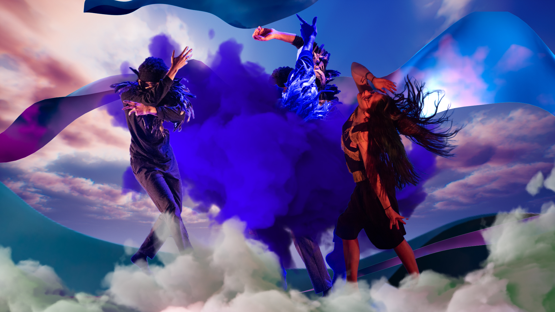 A digital collage with fluffy clouds in the background. There are a few cut-outs of dancers in the centre with a cloud of deep purple smoke filling the space between them.