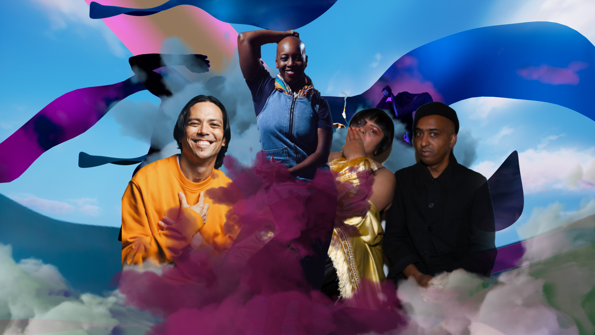 A digital collage of various blue waves and clouds. In the centre are cut-outs of 4 artists with a magenta cloud of smoke underneath them.