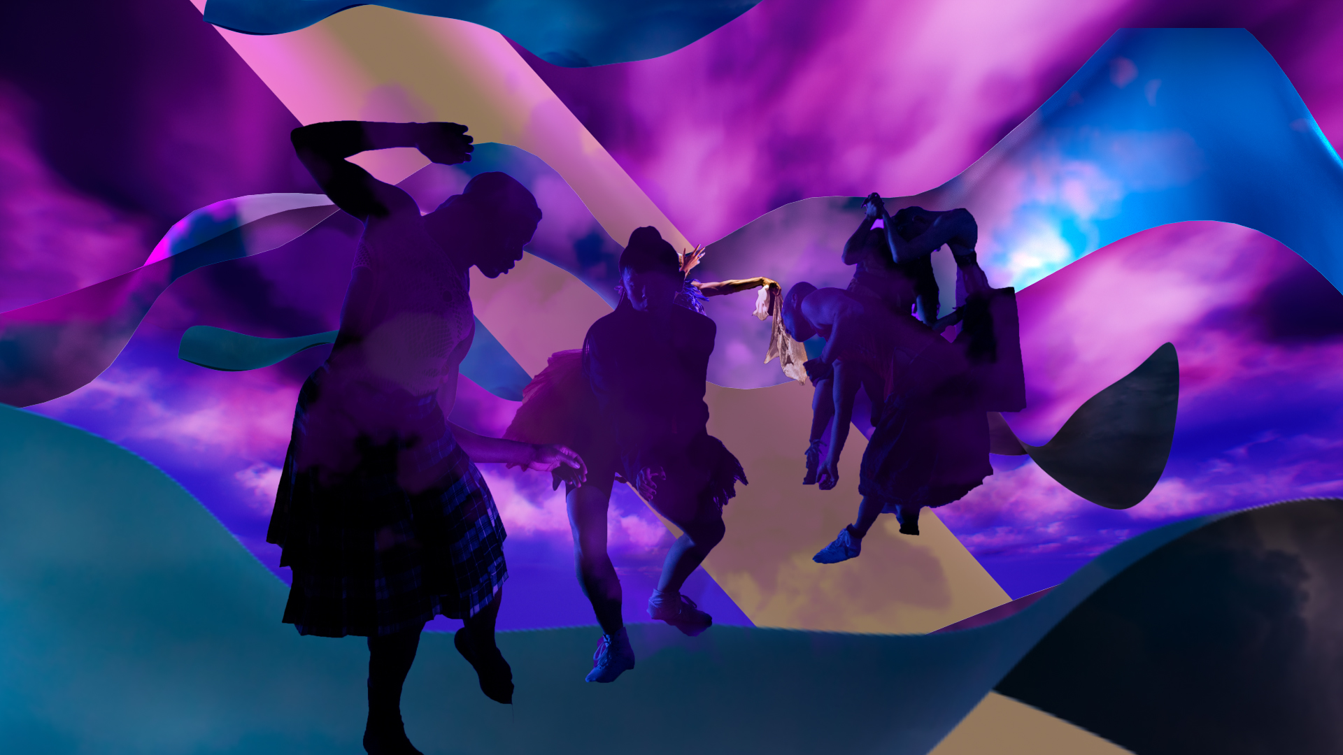 A digital collage with dark tinted cut-outs of three dancers over top of purple and blue waves and clouds.