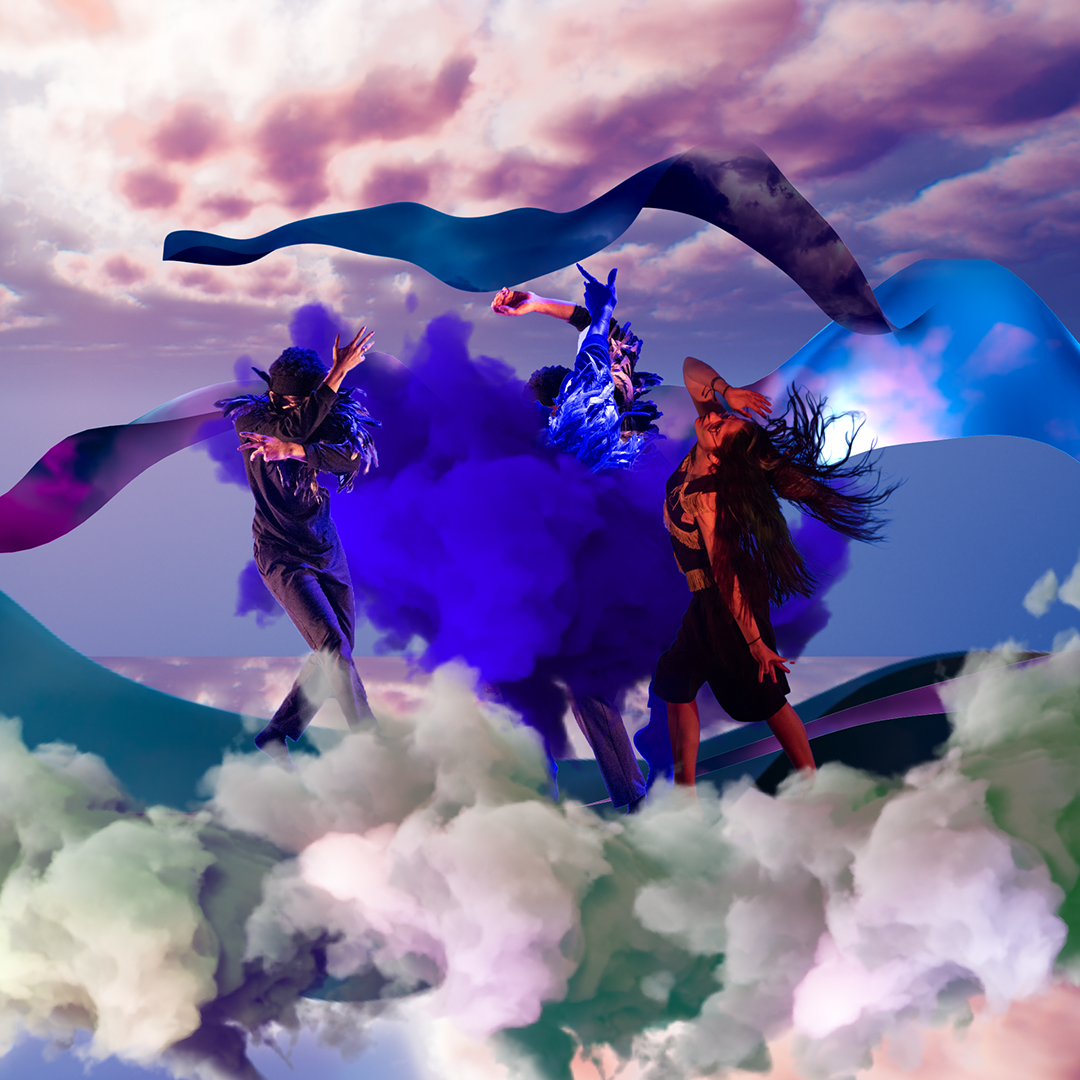 A digital collage with fluffy clouds in the background. There are a few cut-outs of dancers in the centre with a cloud of deep purple smoke filling the space between them.