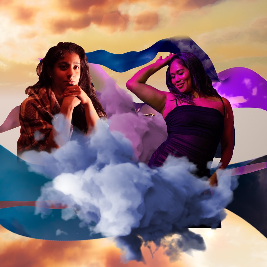 A digital collage with golden yellow waves with a cloudy texture in the background. In the centre are two cut-outs of artists placed above a smoky purple cloud.