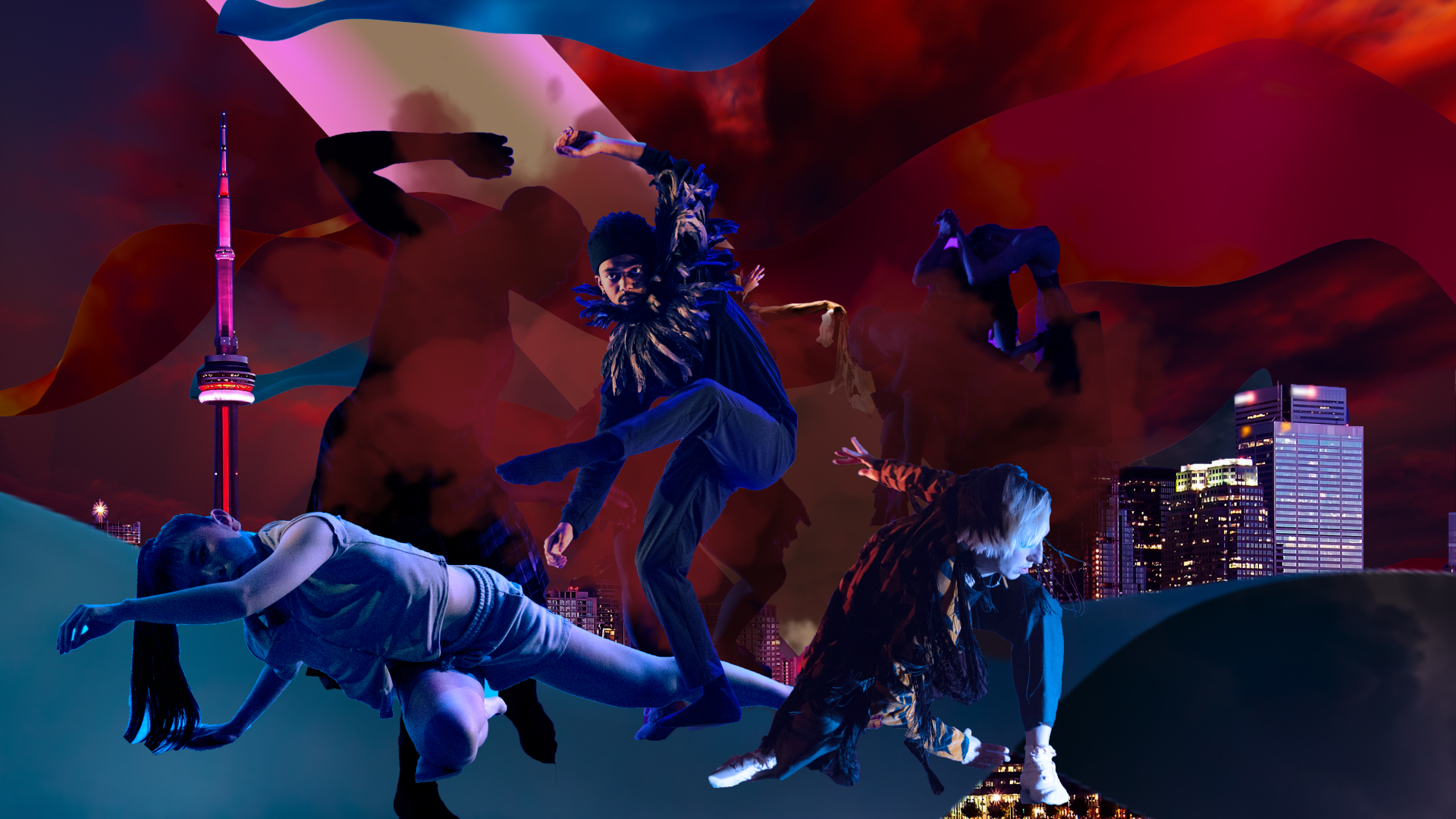 A digital collage where a cut-out of Toronto's skyline is mixed with deep red waves and clouds. Over top of these textures are cut-outs of a few dancers and dark silhouettes.