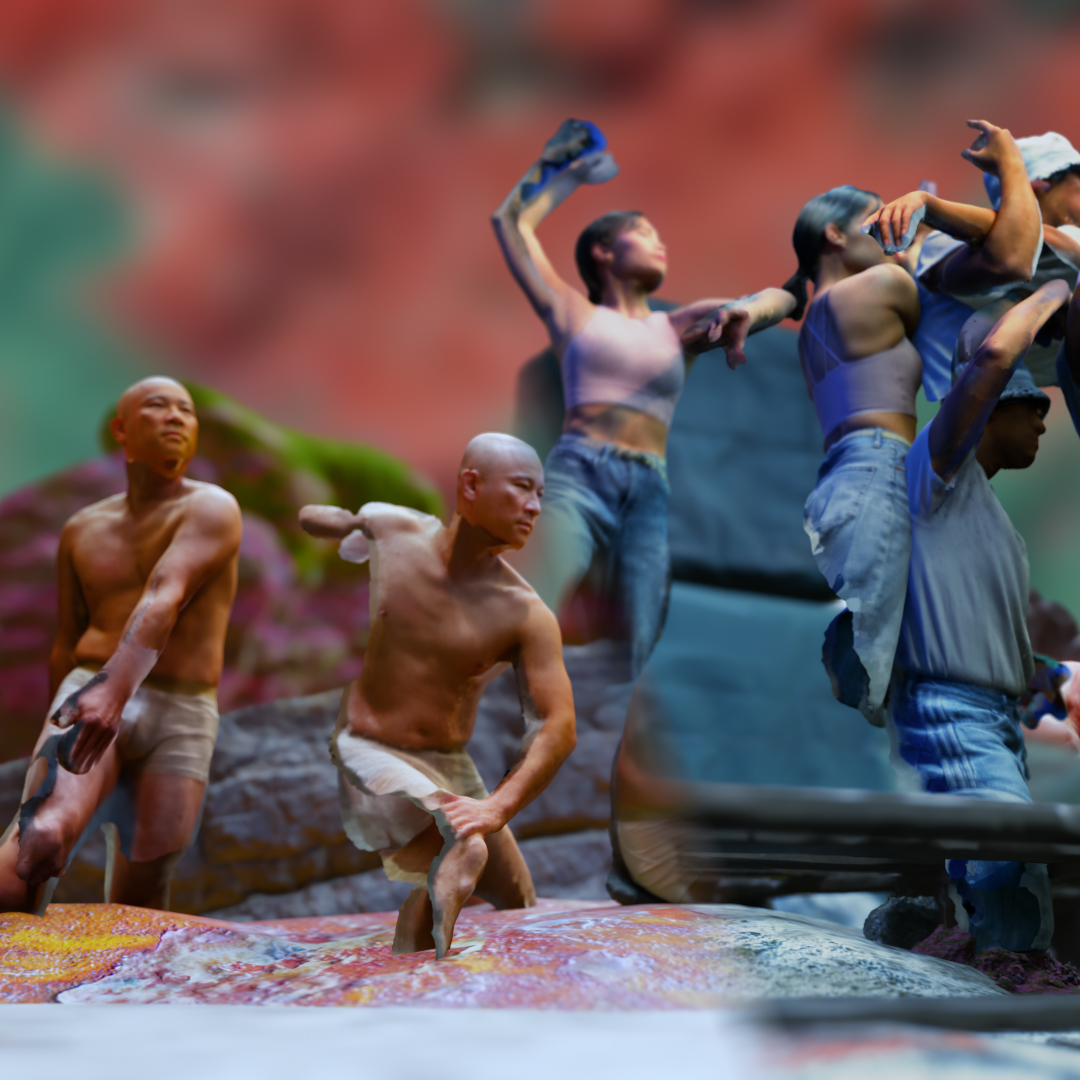 A digital collage featuring several 3-D cut-out images of one dance artist in different poses on the left half, and two dance artists in different poses on the right half. The cut-outs sit over top of a background of various multi-coloured rocks.