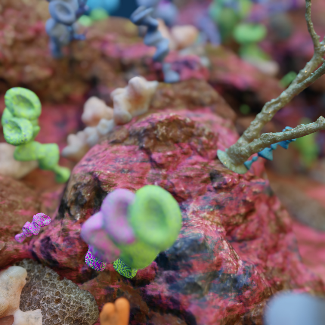 A 3-D digitally designed collage covered with rocks that features several multi-coloured coral-like objects dispersed across them.
