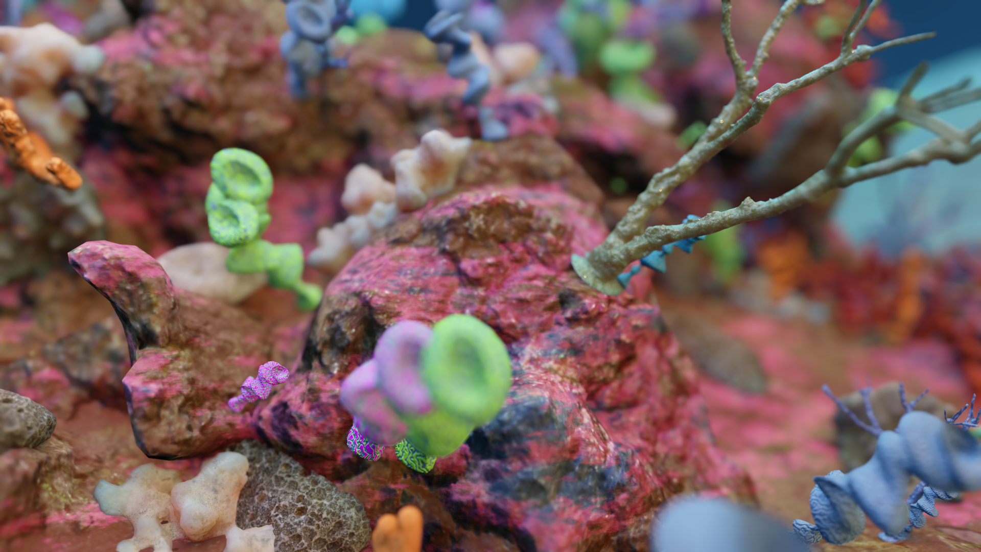 a 3-D digitally designed collage covered with rocks that features several multi-coloured coral-like objects dispersed across them.