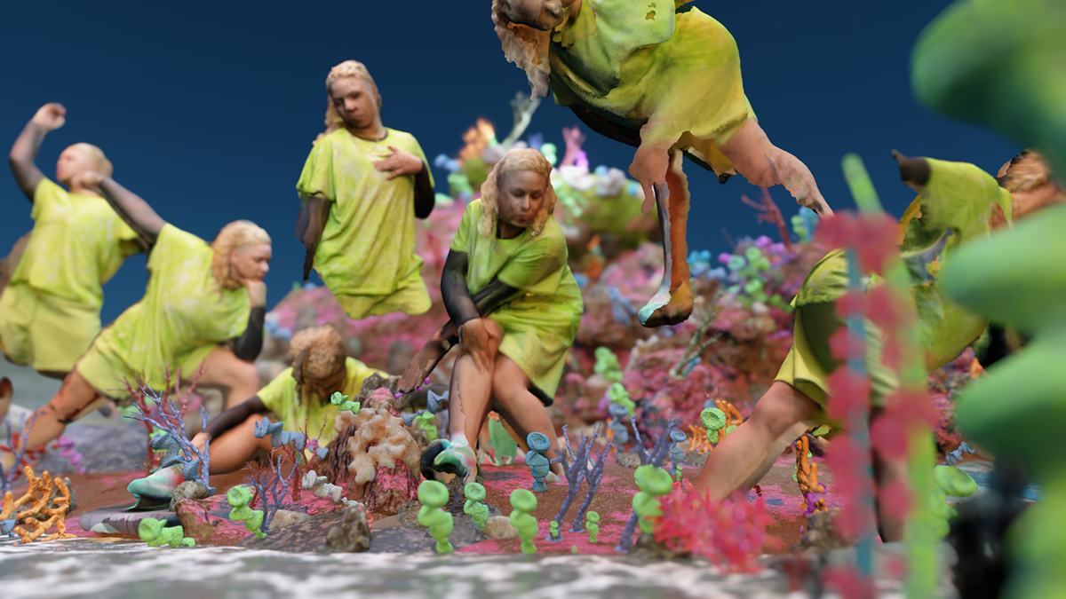 Digital collage that features multiple 3-D cut-out images of a dance artist in various poses amongst a background of coral.
