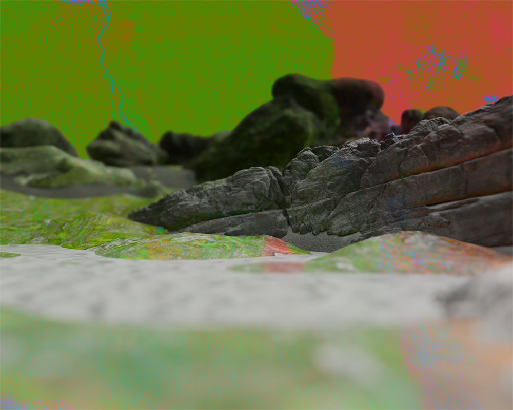 A 3-D digital design of various rocky structures with grass and sand around them. Behind the rocks is a green background with a patch of orange on the right.