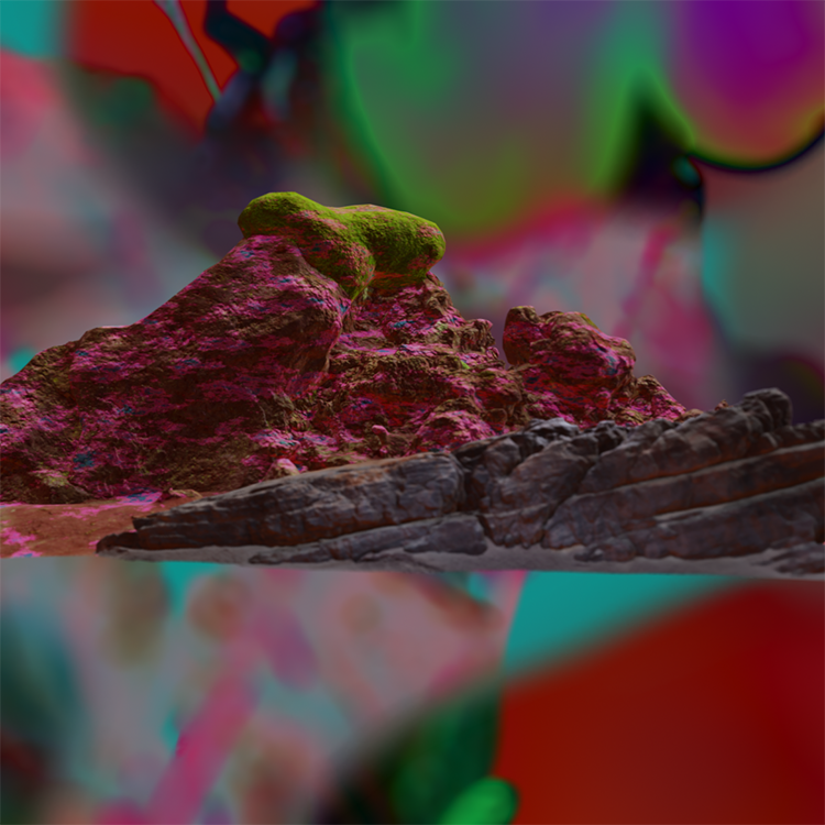 A digital collage featuring a 3-D cut-out image of a multi-coloured rocky area amongst a vibrant, multi-coloured background
