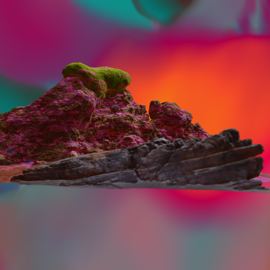 A digital collage featuring a 3-D cut-out of a large rock structure over a vibrant, blurry, multi-coloured background.