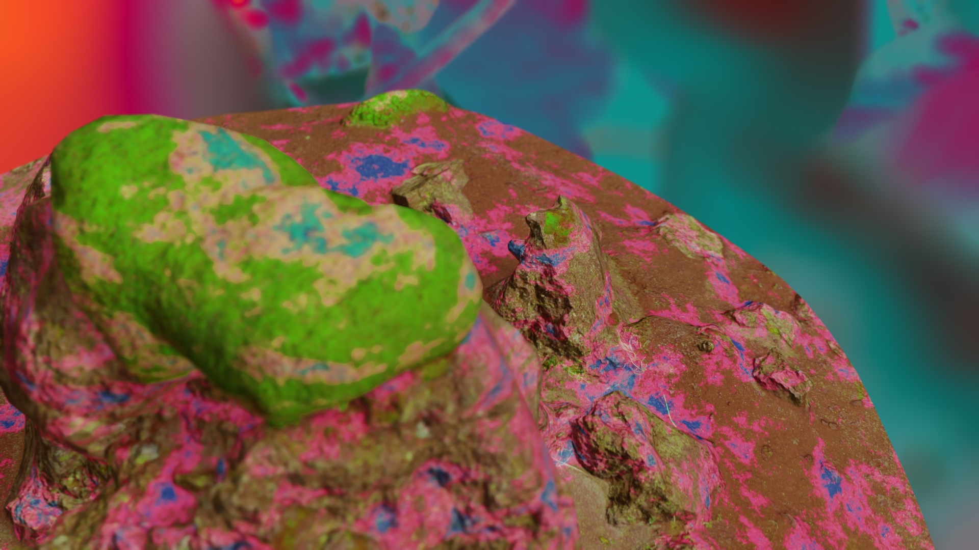 A 3-D digital design of a brown rock with vibrant pink and blue paint-like splatters across it. A smaller green rock sits on top of it.