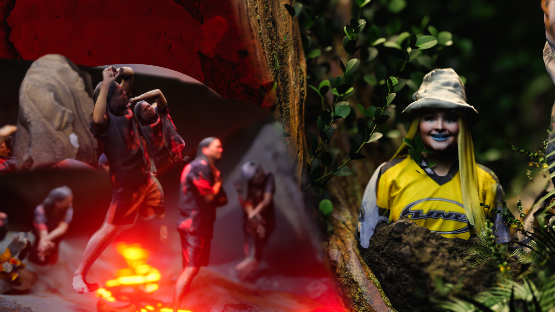 3D Animation split image with Fran Chudnoff in forestry and Andrew Tay in volcanic lava rock.