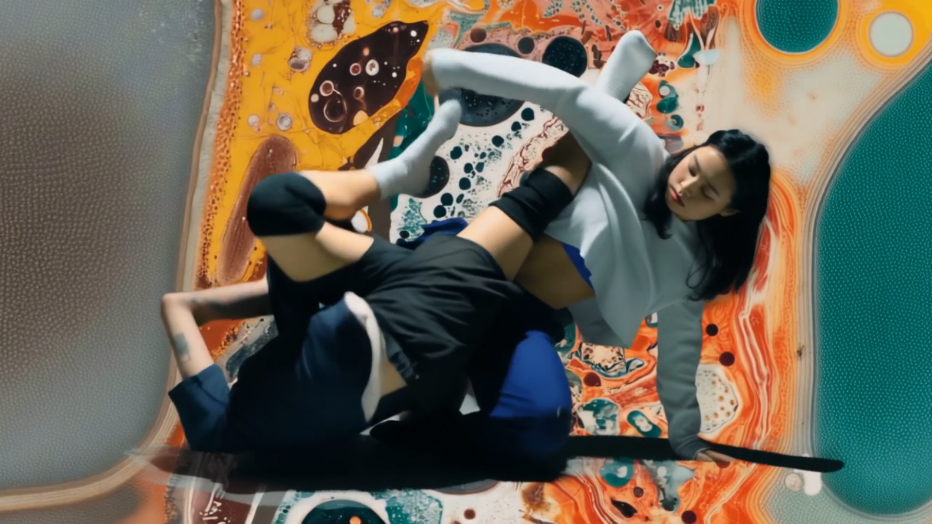 Two people perform an intricate dance maneuver against a vibrant, abstract background with swirling colors and shapes.